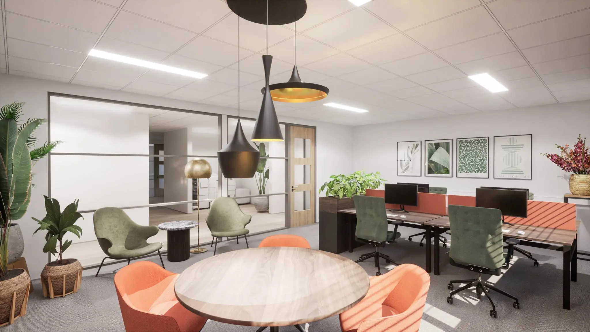 Moderne en sfeervolle kantoorruimte met werkplekken, zithoek en veel groen.